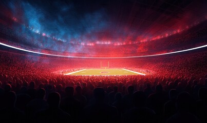 An electrifying atmosphere at a sports stadium, filled with excited fans. The field is brightly lit, surrounded by dramatic colors, creating an immersive game day experience.