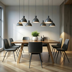 modern dining table with black chairs and lamps
