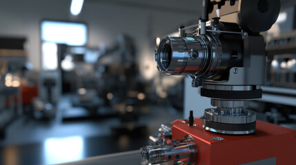 Fototapeta premium High tech robotics equipment in modern engineering lab, showcasing precision machinery and advanced vision systems. environment is well lit, emphasizing intricate details of equipment