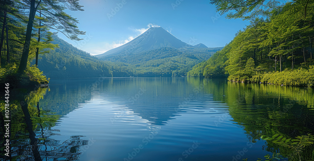 Poster a beautiful lake with the reflection of the mountain, tall trees in front of it, lush greenery aroun