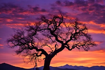 A tree with twisted branches silhouetted against a vibrant orange and purple sunset, AI Generated