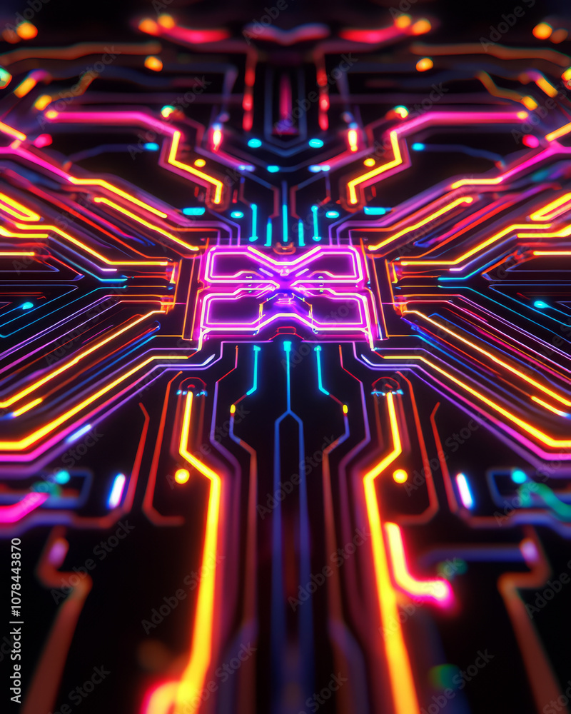 Poster vibrant digital circuit design with neon colors and intricate patterns