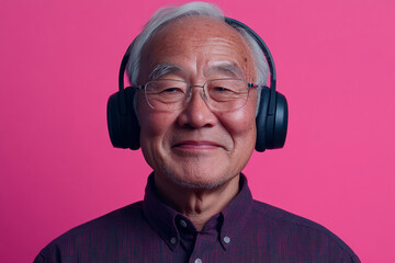 A smiling Asian senior wears headphones against a pink background, showcasing a joyful connection to music in a clean and minimalist style, ideal for a mockup