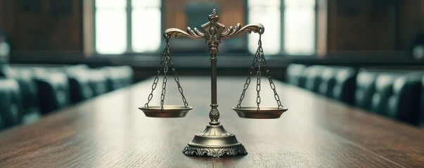 Balanced scale of justice set against a courtroom backdrop representing fairness and law.