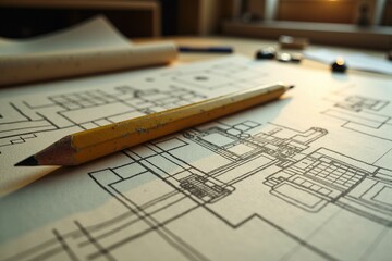 Pencil Over Blueprint