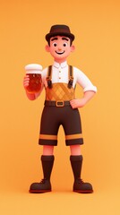Cheerful character in traditional attire holding a beer, showcasing a festive vibe against a vibrant orange background.