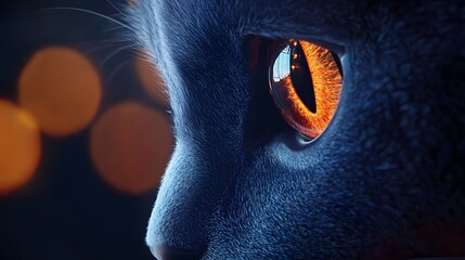 Close-up of a cat's eyes with bokeh lights in the background, creating an enchanting and mysterious atmosphere