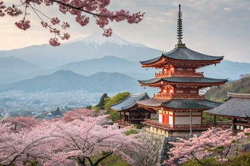 Obraz premium Captivating Double Exposure of Kiyomizu-dera Temple Surrounded by Cherry Blossoms and Mountain Scenery in Kyoto, Japan, Merging Nature's Beauty with Architectural Elegance