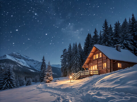 Snowy cabin under starry sky in winter.