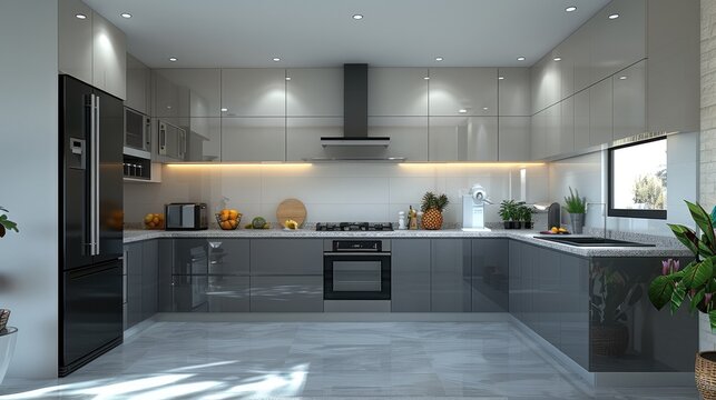 Premium L shaped kitchen with all modular appliances, in grey matte color.