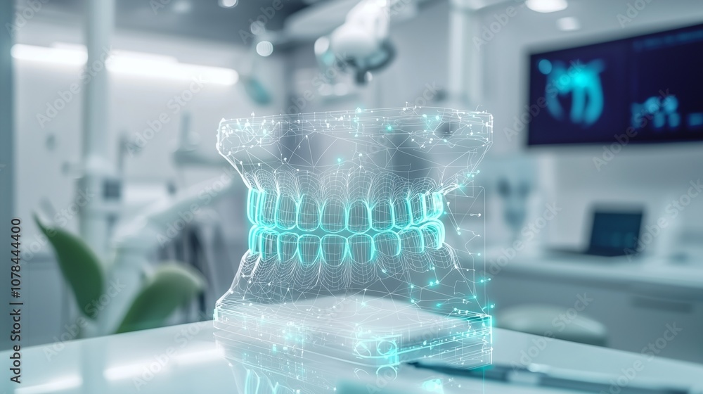 Poster digital dental model in futuristic lab symbolizing ai-driven cad/cam technology.