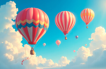 Fototapeta premium Hot air balloons gracefully soar amidst fluffy clouds under a bright blue sky. The scene evokes a sense of adventure and freedom, capturing the serene beauty of a perfect day for flying.