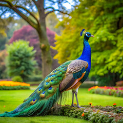 Obraz premium vibrant peacock strolling through lush garden on a bright sunny day