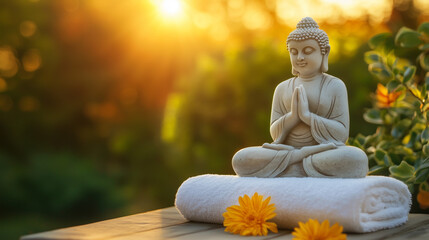 Tranquil Buddha on spa towels with orange flowers, illuminated by morning sunlight. 