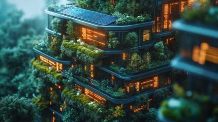 Obraz premium Futuristic eco-friendly building with lush greenery and solar panels.