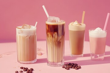 Iced coffee in a large glass topped with cream and coffee beans arranged with various coffee drinks on a pink table