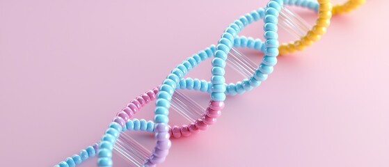 Colorful DNA double helix model on a pastel pink background, representing genetics and molecular biology.
