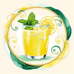 Vibrant business watercolour logo illustration of freshly squeezed lemonade garnished with a sprig of mint and lemon. 