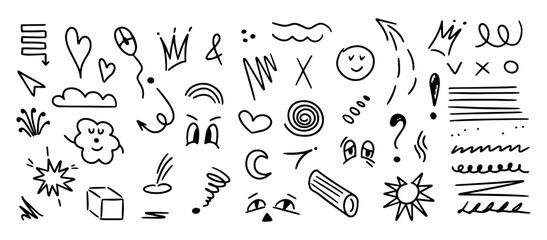 Hand drawn vector elements, heart, arrow, line, star, crown, speech cloud, flower, emphasis. Line brush or marker scribbles, underlines, pencil sketch graphic