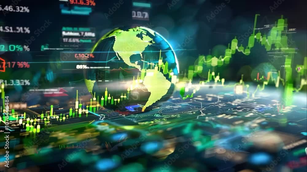 Aufkleber a digital representation of a globe surrounded by financial graphs and data, symbolizing global mark