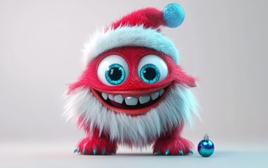 Fototapeta premium Cute and funny colored furry chrismas style monster 3D cartoon character. huge big eyes good smile furry and pretty on white background.