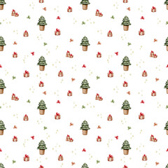 Seamless Christmas pattern with Christmas trees and gifts on white background. Christmas, New Year, holiday. Hand drawn watercolor ornament. Design for wallpaper, cards, wrapping paper, stationery.