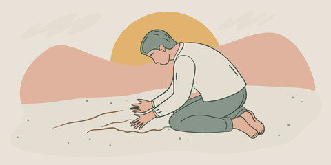 Watching the Tracks A Therian kneeling beside their fresh tracks in the sand examining them curiously with a serene expression as the sun sets.