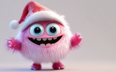 Fototapeta premium Cute and funny colored furry chrismas style monster 3D cartoon character. huge big eyes good smile furry and pretty on white background.