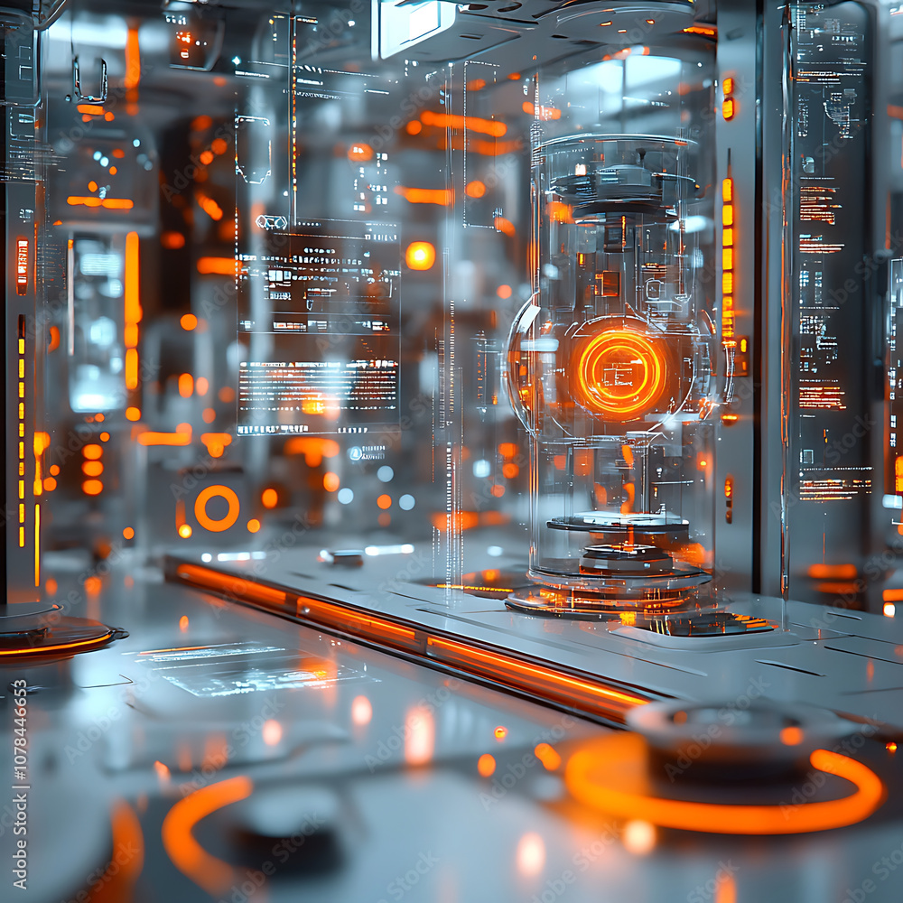 Poster futuristic 3d web components in virtual space, showcasing glowing orange elements and intricate digi