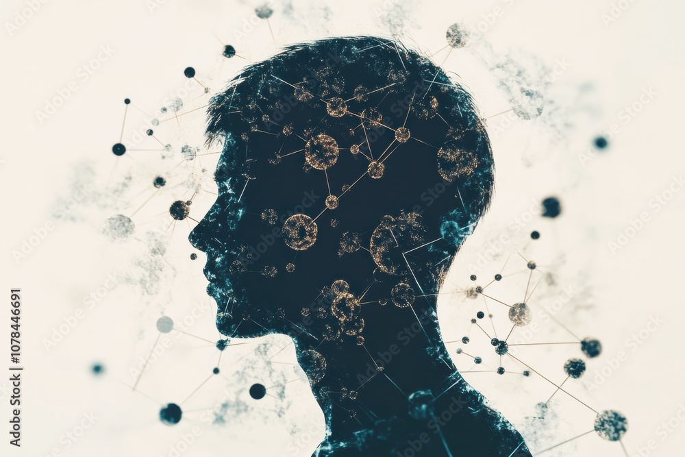Poster a human silhouette stands amidst swirling molecules and diagrams, symbolizing the fusion of science 