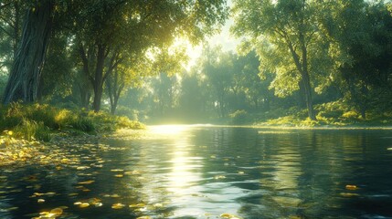 Fototapeta premium Serene river scene with sunlight filtering through lush trees.