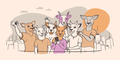 Team Photo The therians resembling various wild animals pose together for a selfie at the top of a city lookout point their playful expressions capturing the spirit of