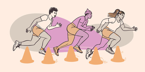 Fototapeta premium Team Challenge A group of four youths forming a quadrupedal relay team each in various dynamic poses as they compete in a grassy area marked with cones.