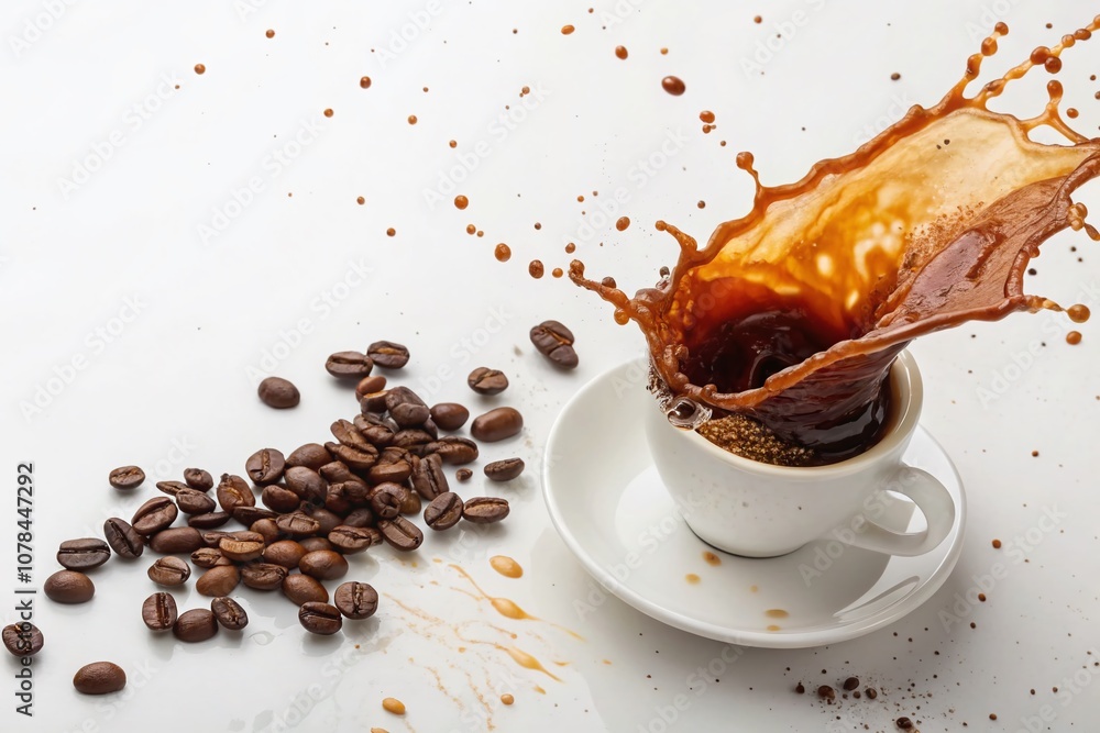 Poster captivating espresso coffee splash on white background with dynamic action and room for text, perfec