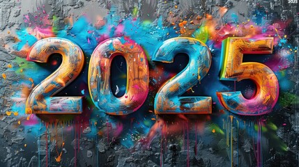 The numbers "2025" in a graffiti style, with vibrant colors and texture, with splashes of colorful powders. all with great harmony and complementary colors. on dark gray background.