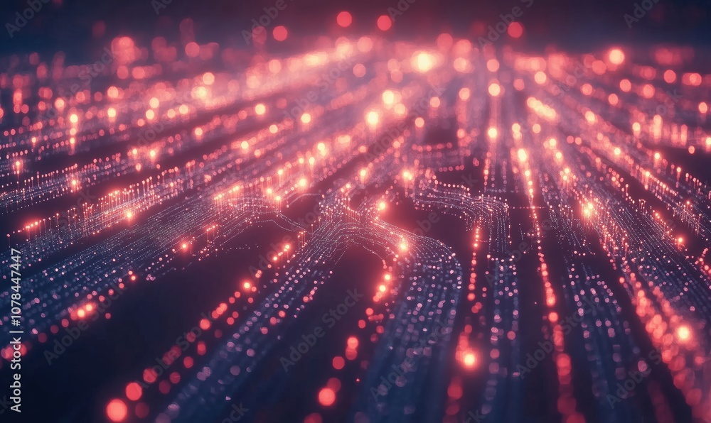 Poster digital data flow with glowing particles, abstract technology background