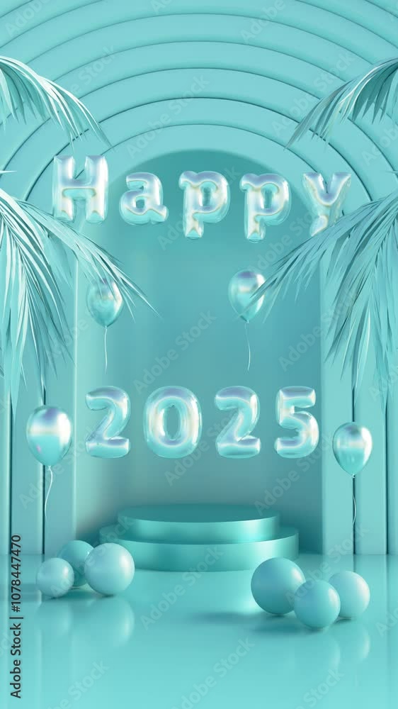 Poster vertical 3d animation of a blue studio with palm trees and the date of the new year 2025. the text 