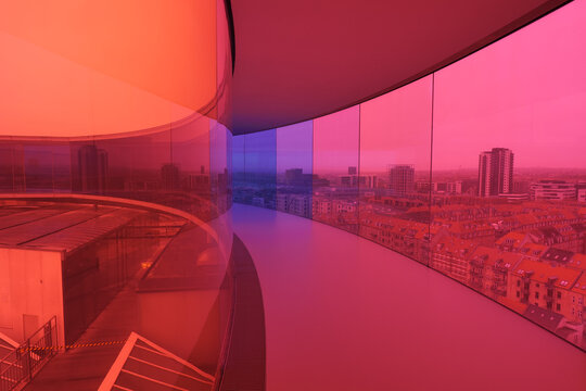 Aarhus, Denmark 11 06 2024 Rainbow rooftop walkway above the Aros art museum. Permanent installation called 'Your rainbow panorama' by Olafur Eliasson made in 2011