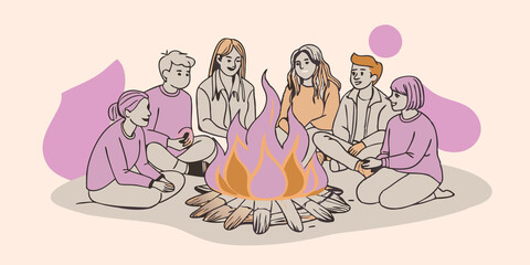 Storytelling Circle A group of youths gathered around a campfire sharing stories or personal experiences related to their therian identities with a warm glow of firelight