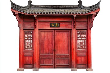 Obraz premium Isolated Chinese style red wooden door on white background with clipping path