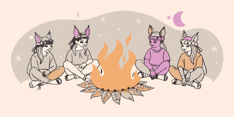 Starlit Campfire Circle Therians sit around a campfire wearing glowing headbands shaped like animal ears. The fires warm light contrasts with the cool glow of their accessories.