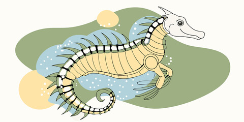 Fototapeta premium Sparkling Seahorse A whimsical seahorse costume with shimmering scales and soft blue and green LED lights running along the spine and tail swimming gracefully.
