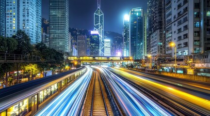 Fototapeta premium A high-speed train in motion, with a cityscape background of skyscrapers at night. The long exposure creates blurred light trails on the tracks, with a combination of blue and yellow tones