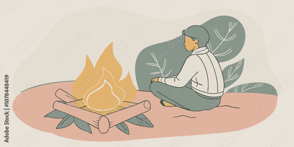 Aufkleber Reflective Journeys A figure sits on a log gazing into the flames reflecting on personal stories of transformation with soft flickering light dancing in their eyes.