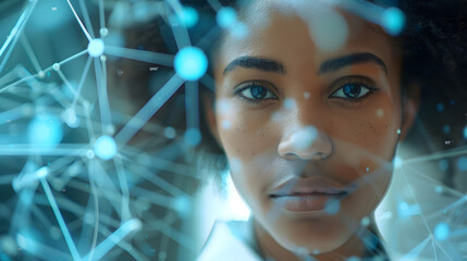 Young black woman in lab and global communication network concept. Wide angle visual for banners or advertisements