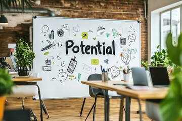 A vibrant office space displaying a whiteboard labeled 'Potential' surrounded by modern decor and plants.