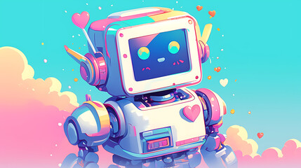Kawaii white baby robot on a simple background