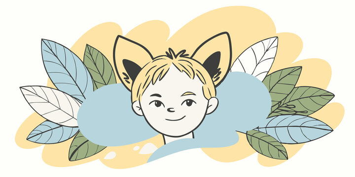 Playful Camouflage A young therian with foxlike ears hides behind a bush peeking out with a mischievous grin while blending into the vibrant leaves.