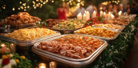 Obraz premium Dispersal of evening food at a wedding reception under elegant lighting.