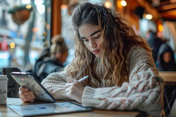 Young Woman with Curly Hair Using Tablet for Digital Drawing in Cozy Coffee Shop Setting